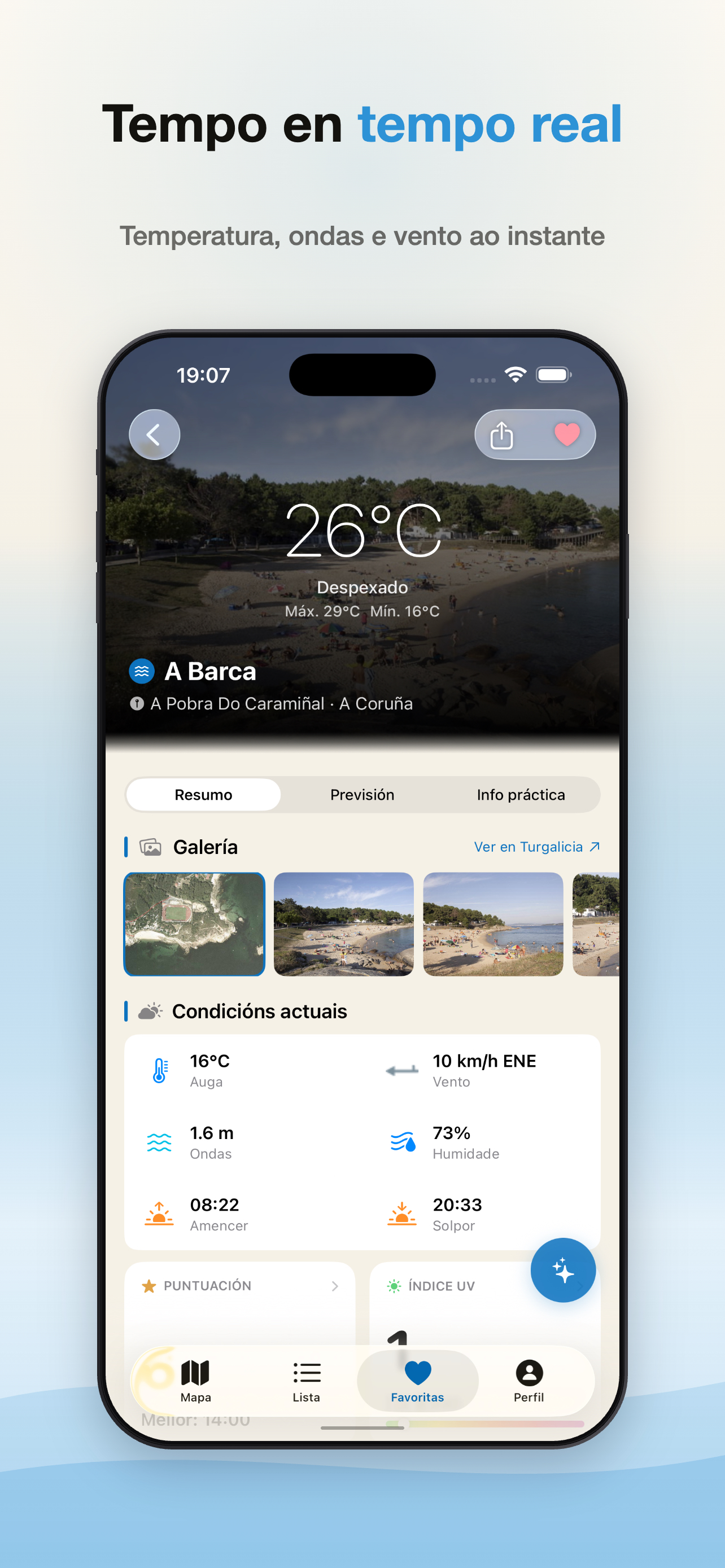 Tempo en tempo real na ficha de cada praia