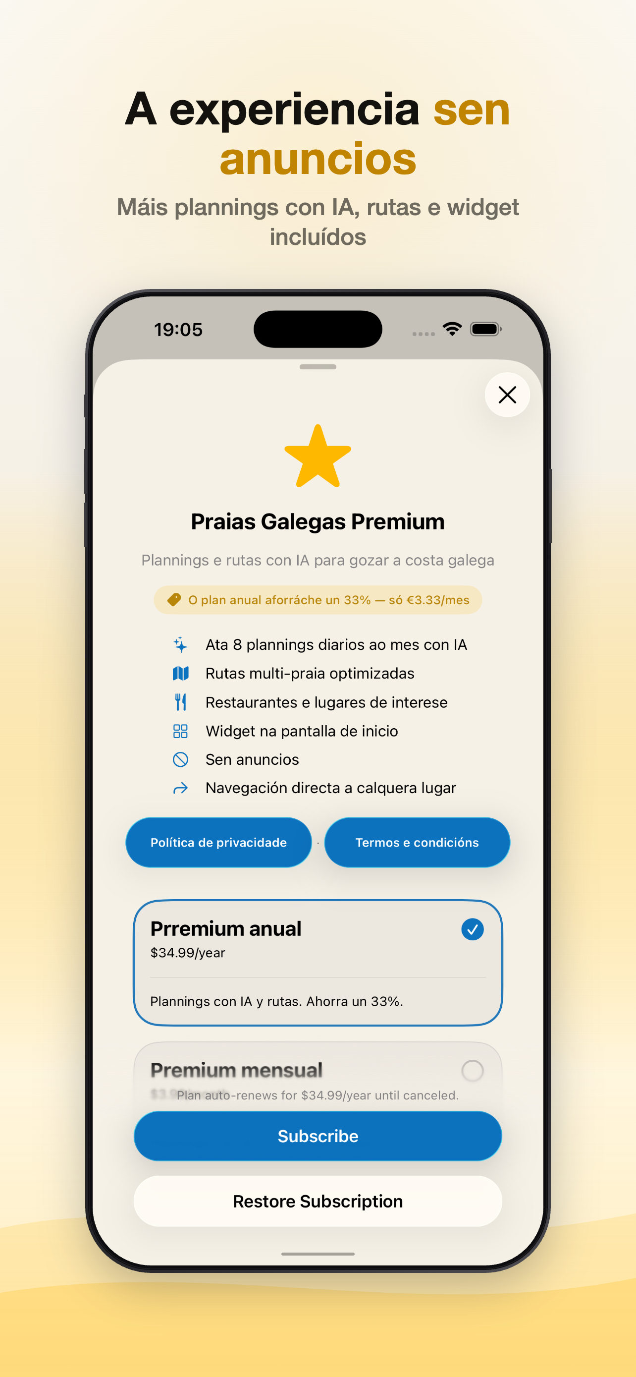 Praias Galegas Premium, sen anuncios